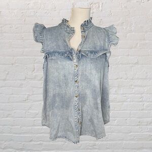 Entro Denim Blue Ruffle Sleeve Button Down Shirt